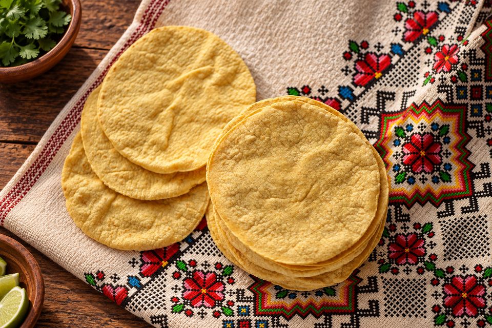 Tortillas de maíz AYALA sobre un mantel bordado