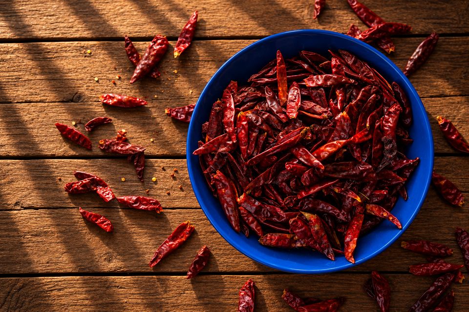 Małe czerwone suszone chilli w niebieskiej misce