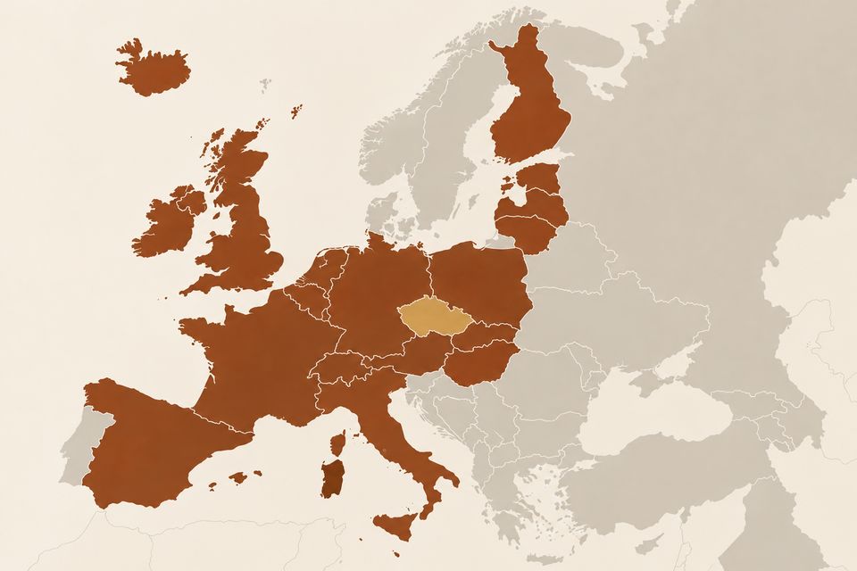 Mapa Europy z wyróżnionymi Czechami