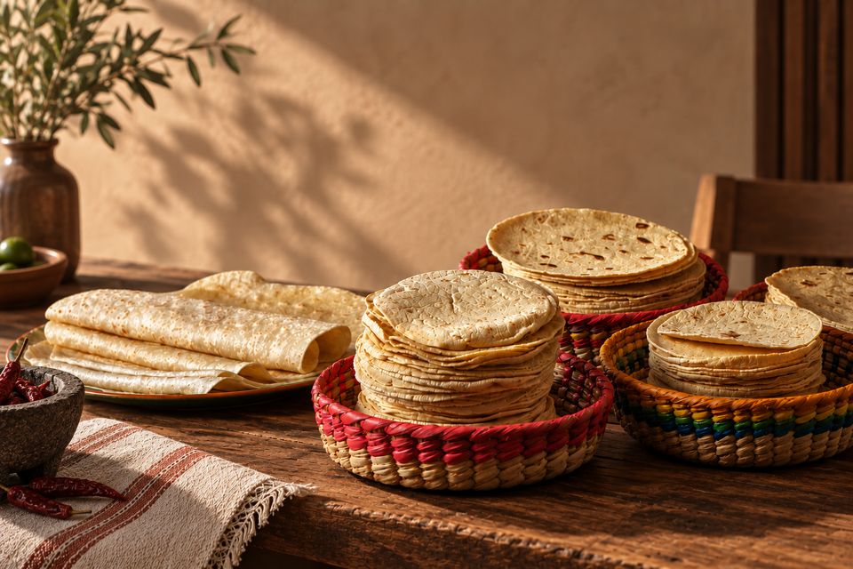 Tortillas de maíz y de harina en canastas tejidas sobre la mesa de un restaurante