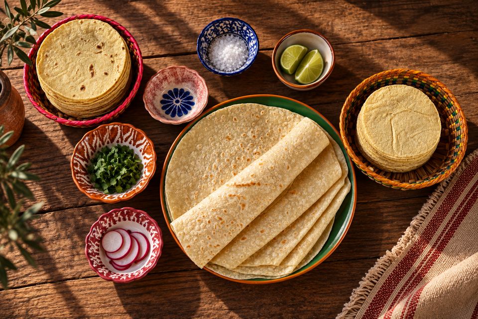 Tortillas de maíz y de harina AYALA servidas con salsas, limón y rábanos